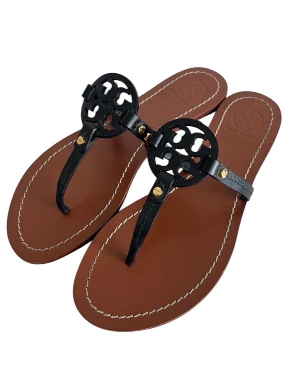 Tory Burch Women's Gabriel Veg Leather Flat Thong Perfect Black Size 9